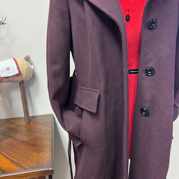London Fog Wool Coat Burgandy with hood, belt and pockets for women size L - Picture 6 of 15